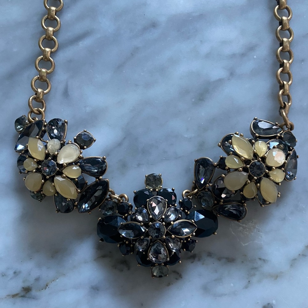 J.Crew bronze necklace with tan, black, and grey jewels, adjustable 20" chain